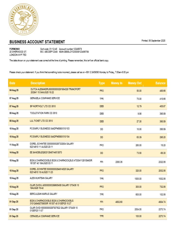 Déclaration d'entreprise de la Banco Central de Bolivie Format Word et PDF